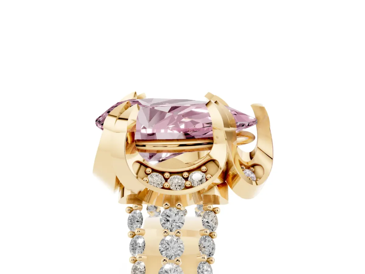 Fancy Pink Pear Cut Solitaire Pave Split Shank Ring with Four-Prong Setting Yellow gold