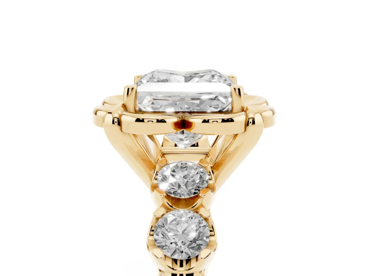 Princess Cut Cut Diamond Floral Halo Engagement Ring with Shared Prong Setting Yellow gold