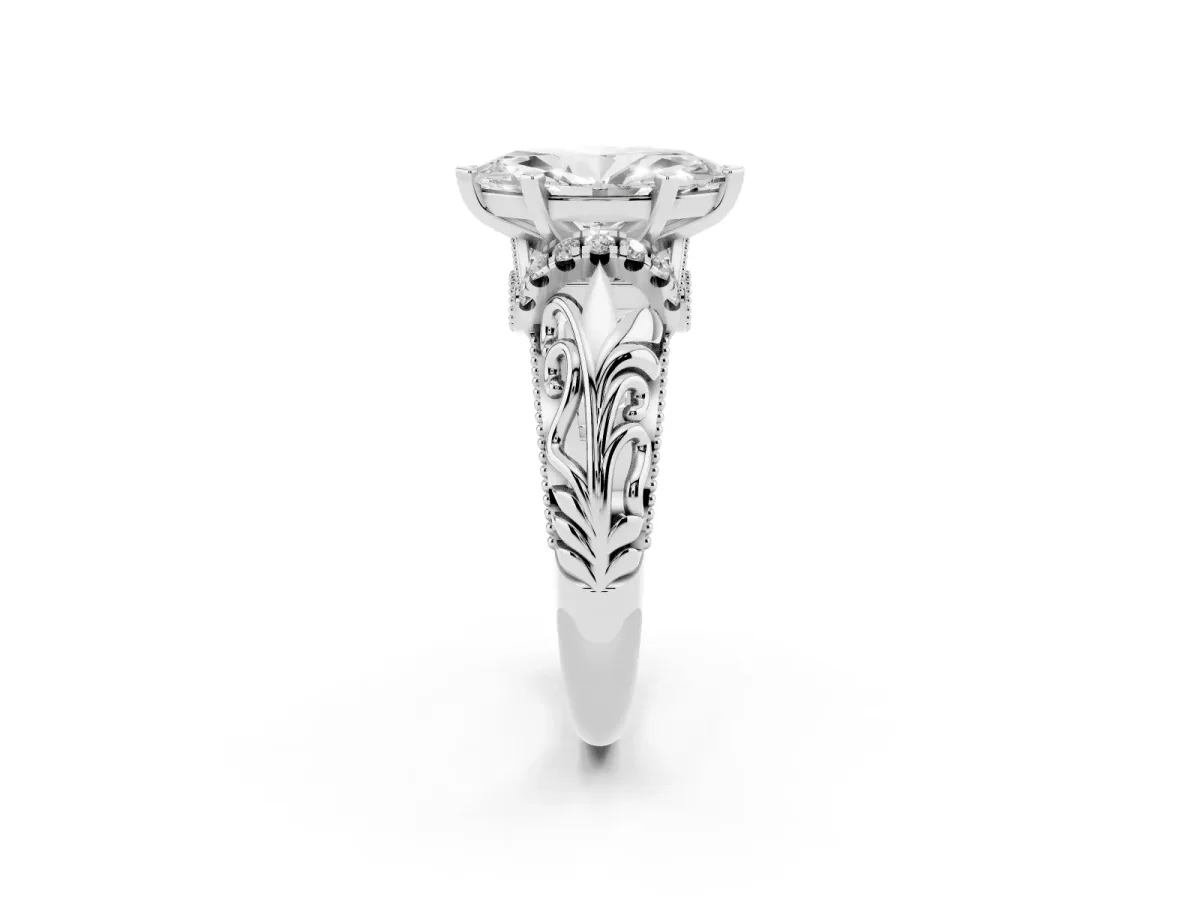 Marquise Cut Solitaire Filigree Engagement Ring with Halo and Prong Setting Silver