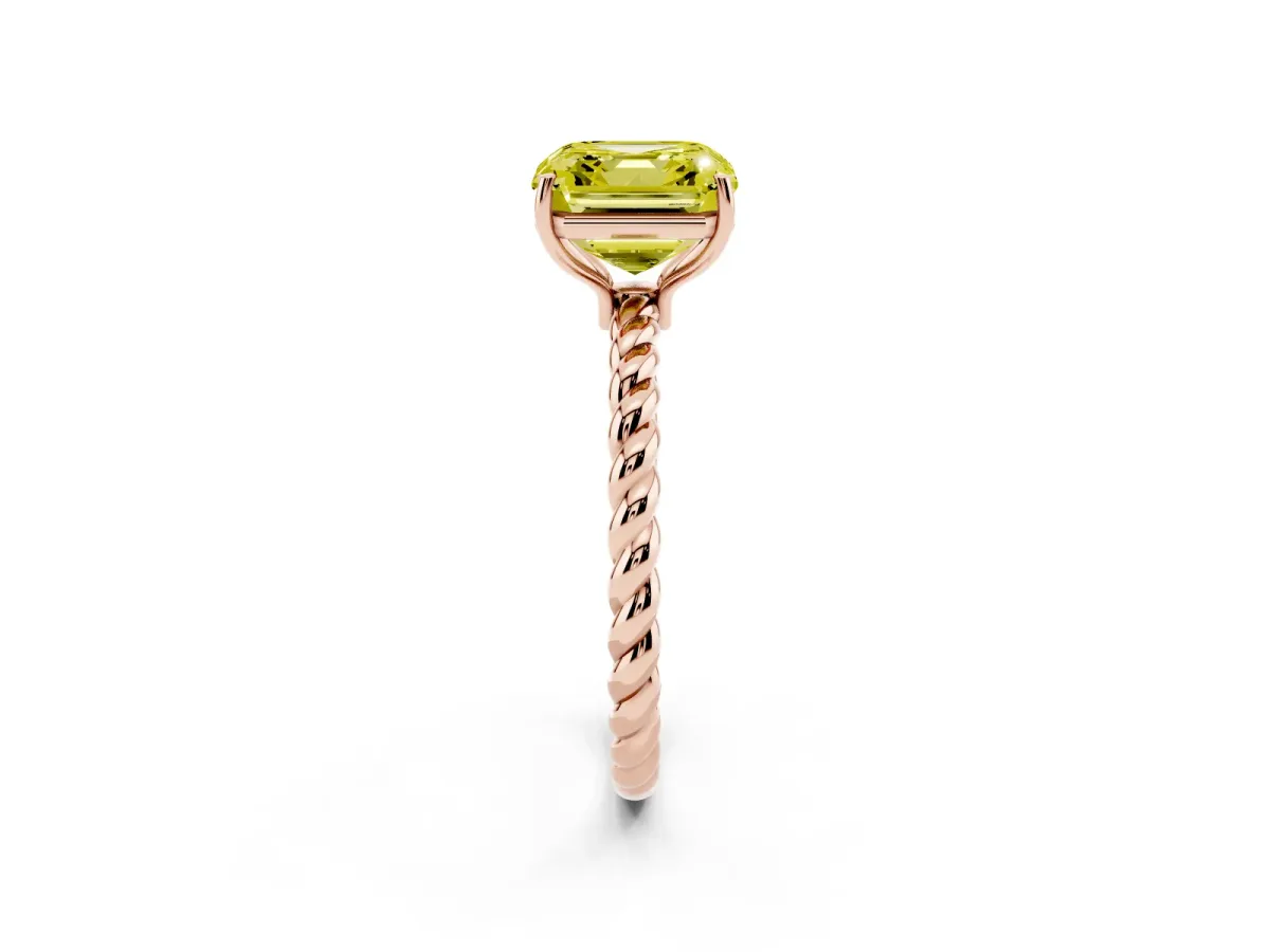 Fancy Yellow Asscher Cut Solitaire Twist Band Ring with Four-Prong Setting Rose gold