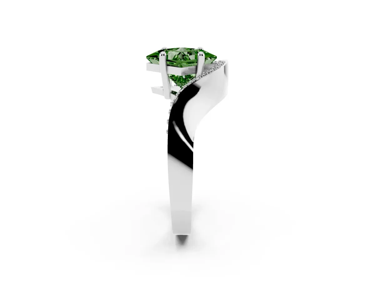 Fancy Green Princess Cut Solitaire Diamond Engagement Ring with Pave Band and Four-Prong Setting White gold