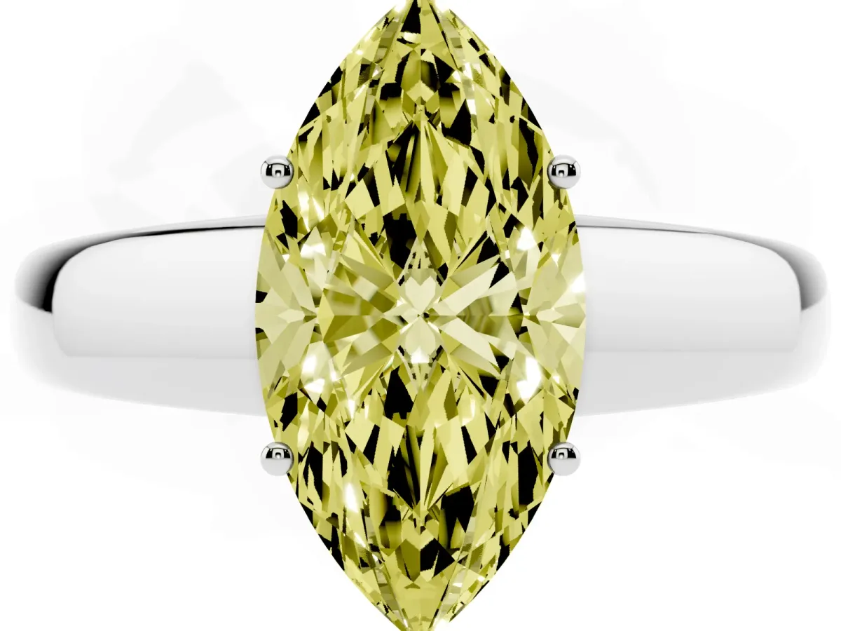 Fancy Yellow Marquise Cut Solitaire Diamond Ring with Tapered Band and Four-Prong Setting Platinum