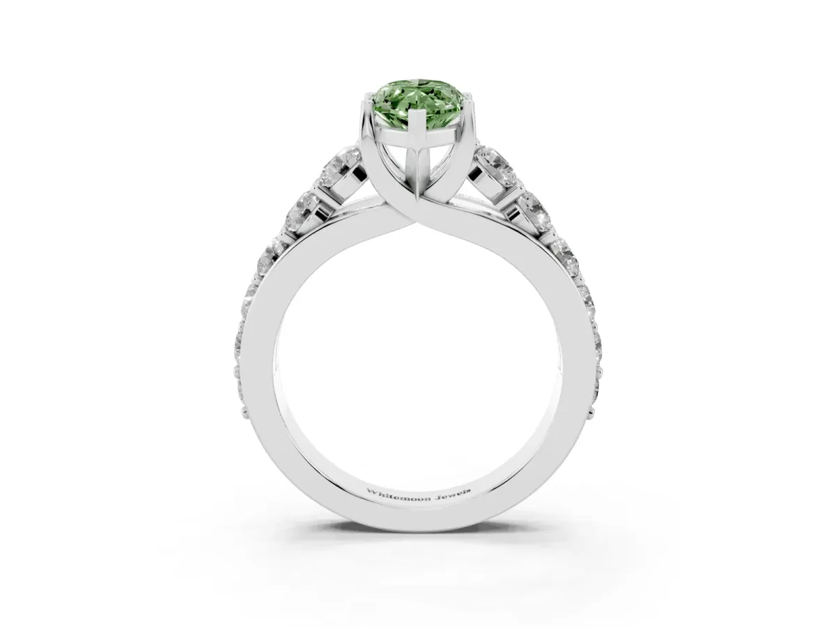 Fancy Green Marquise Cut Diamond Engagement Ring with Pavé Band and Four-Prong Setting Silver