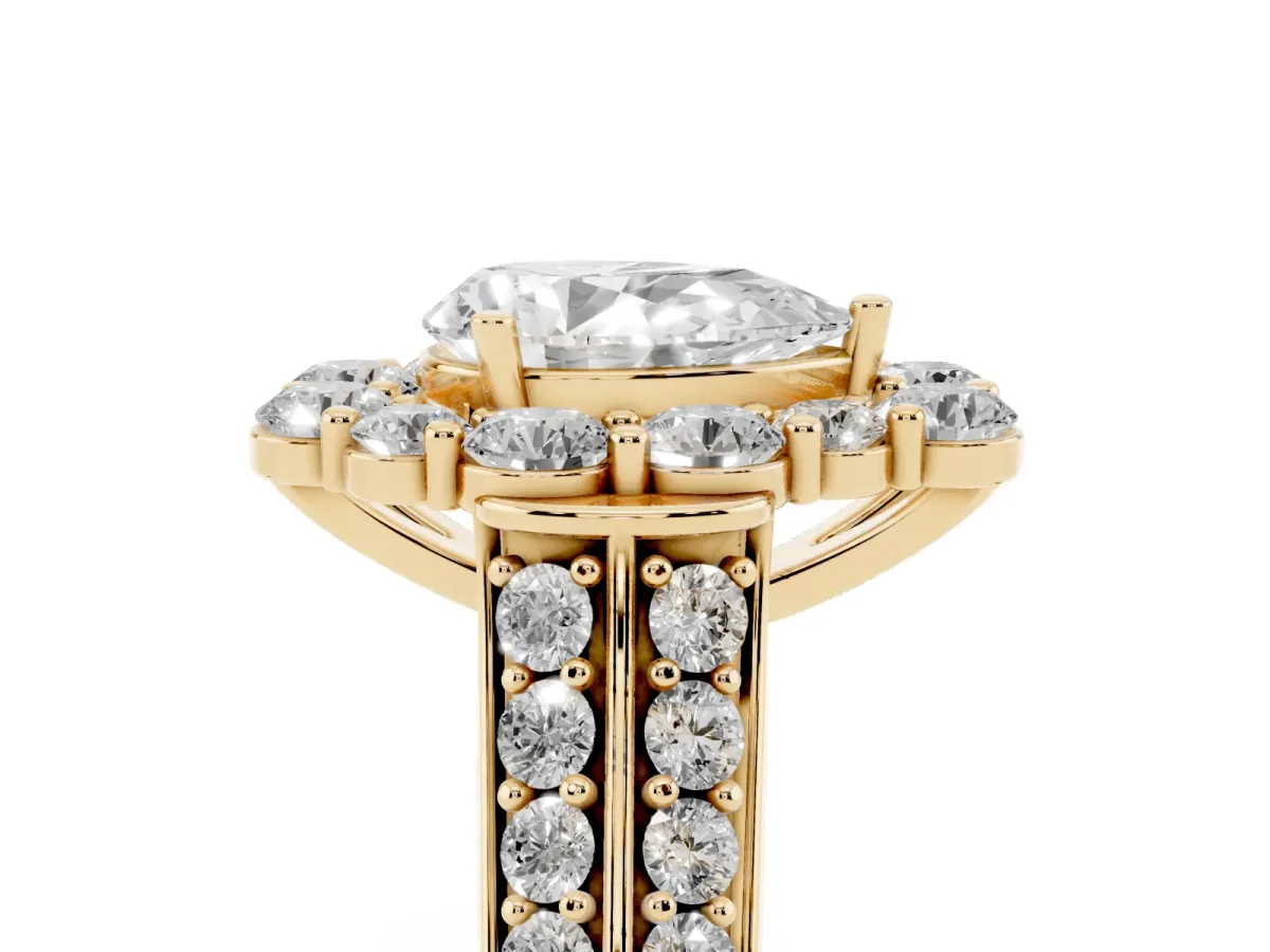 Pear Cut Halo Diamond Engagement Ring with Split Shank and Prong Setting Yellow gold
