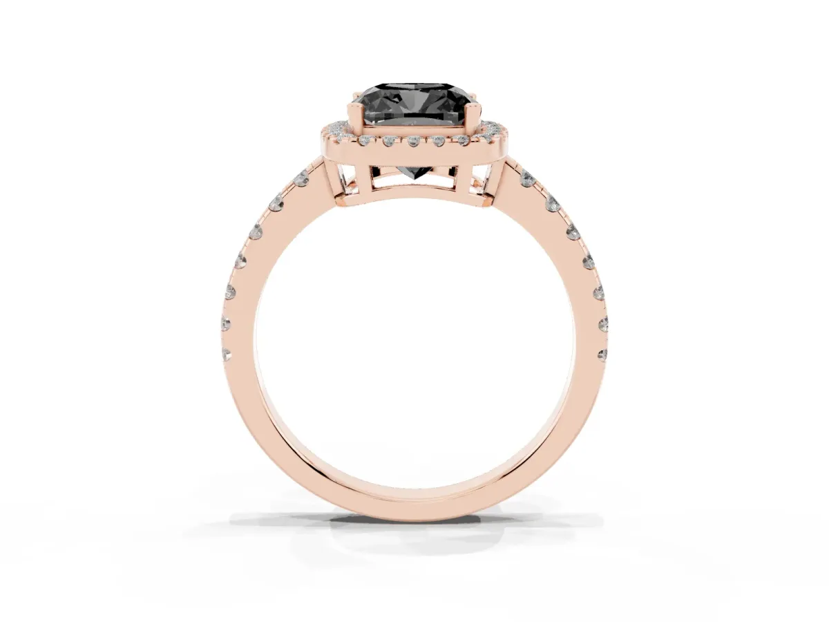 Fancy Black Cushion Cut Diamond Halo Ring with Pavé Band and Four-Prong Setting Rose gold