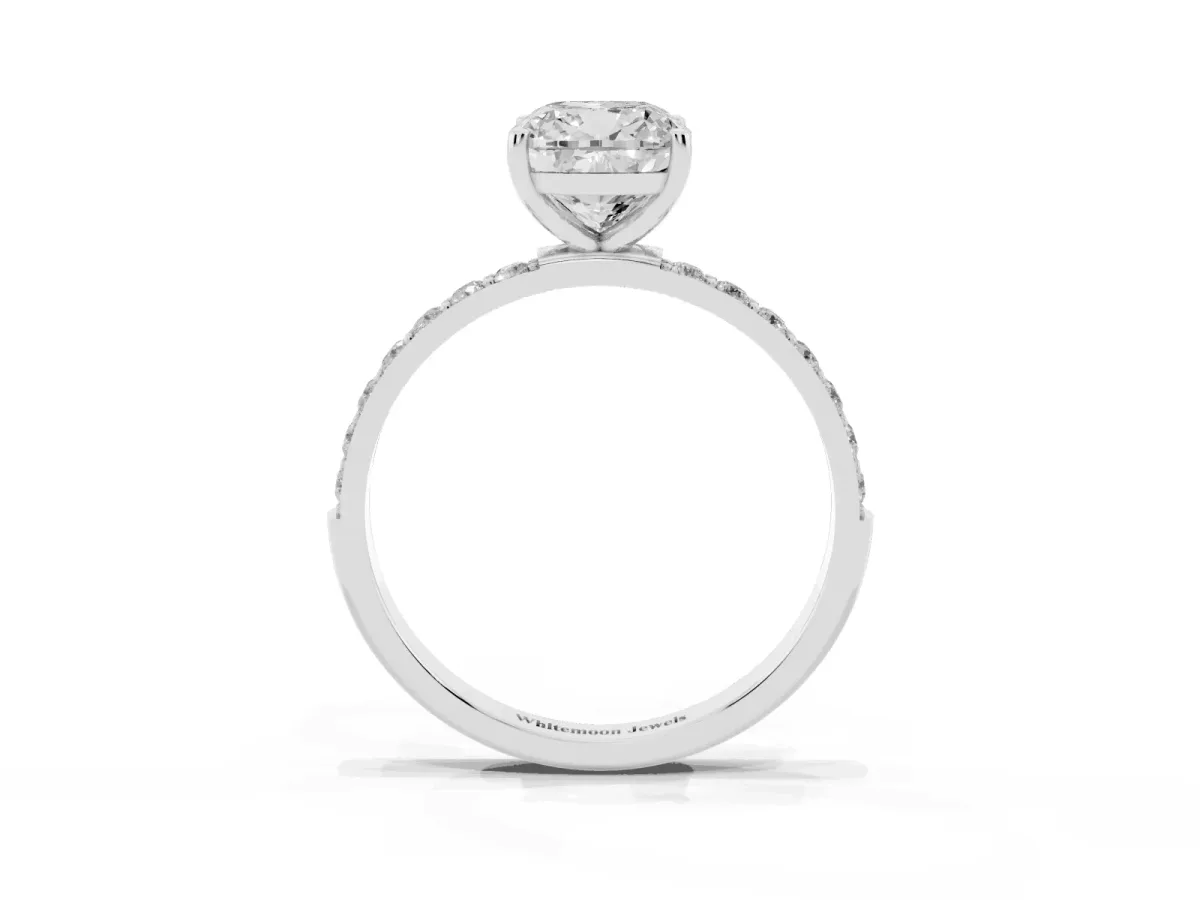 Cushion Cut Diamond Solitaire Ring with Round Pavé Shoulders and Prong Setting Platinum