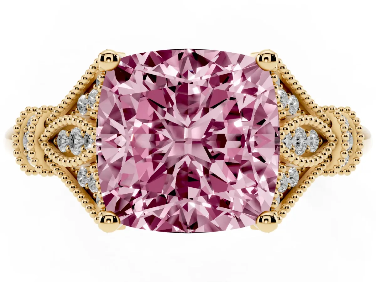Fancy Pink Cushion Cut Diamond Solitaire Ring with Floral Filigree and Pave Accents Yellow gold