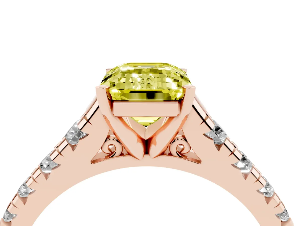 Fancy Yellow Emerald Cut Diamond Cathedral Solitaire Ring with Round Pavé Band Rose gold