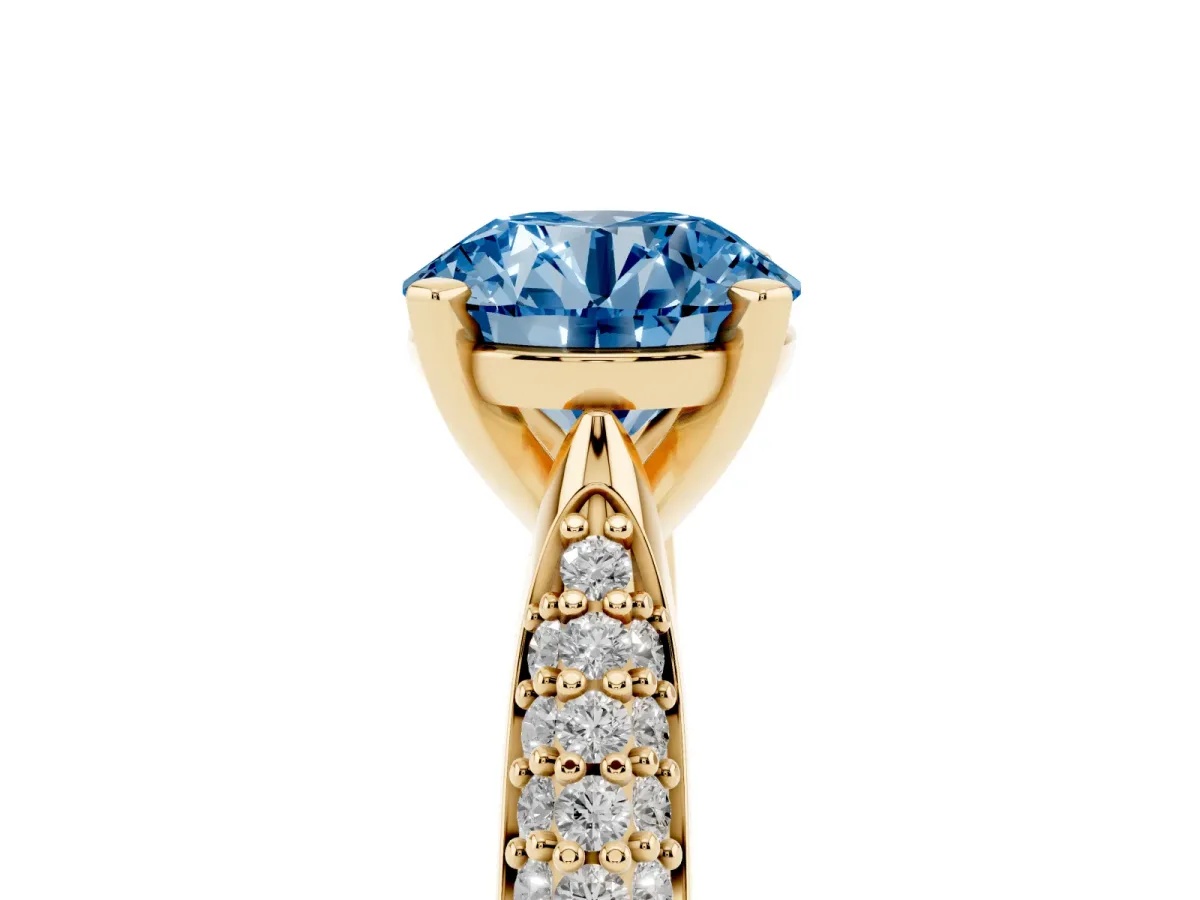 Fancy Blue Round Cut Diamond Solitaire Engagement Ring with Multi-Row Round Pavé Band and Prong Setting Yellow gold