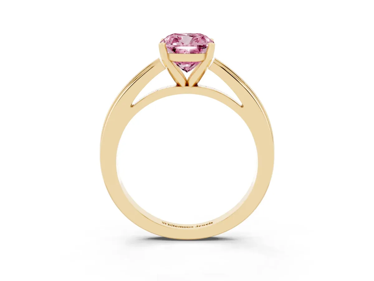 Fancy Pink Cushion Cut Solitaire Diamond Ring with Four-Prong Setting and Classic Band Yellow gold