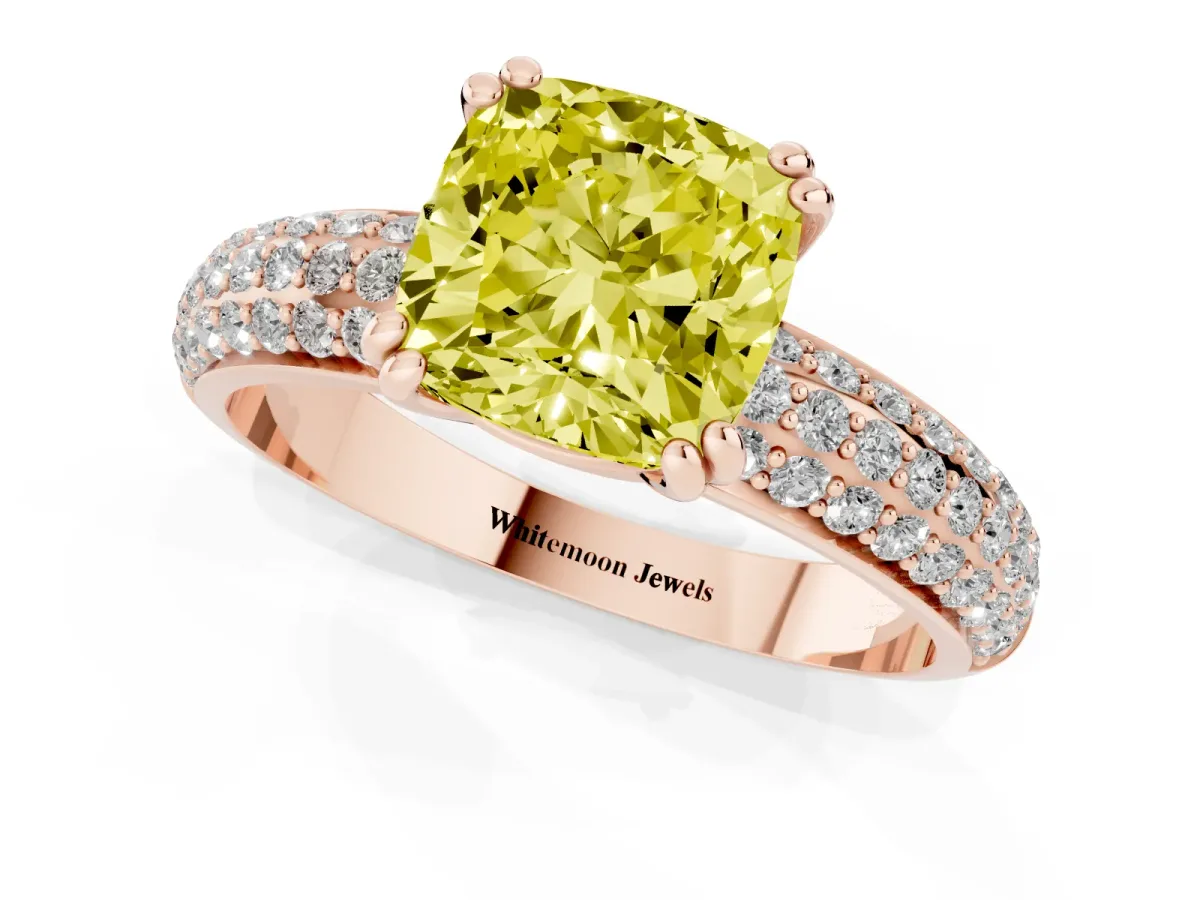 Fancy Yellow Cushion Cut Diamond Solitaire Ring with Multi-Row Round Pavé Band and Prong Setting Rose gold