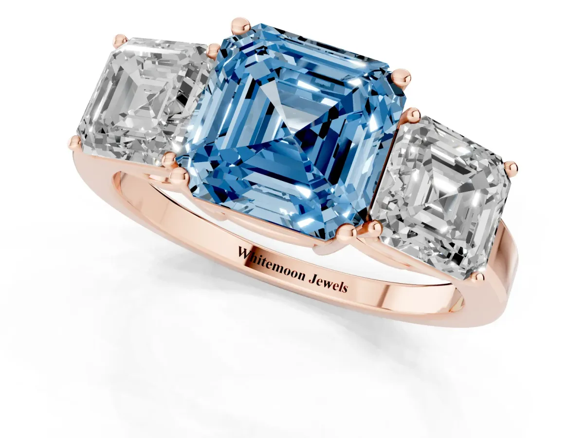 Fancy Blue Three-Stone Asscher Cut Cut Diamond Engagement Ring with Flat Band and Four-Prong Setting Rose gold
