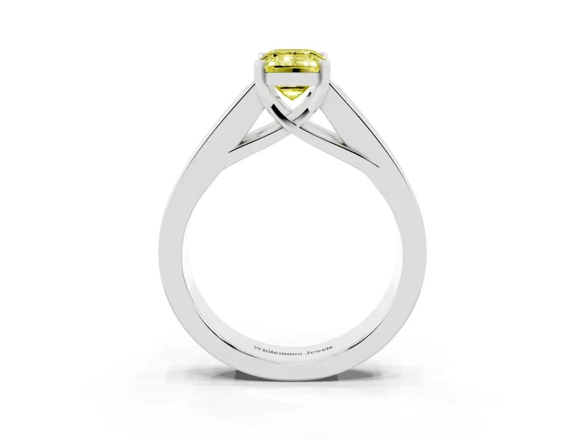 Fancy Yellow Emerald Cut Cut Channel Set Solitaire Ring with Four-Prong Setting Silver