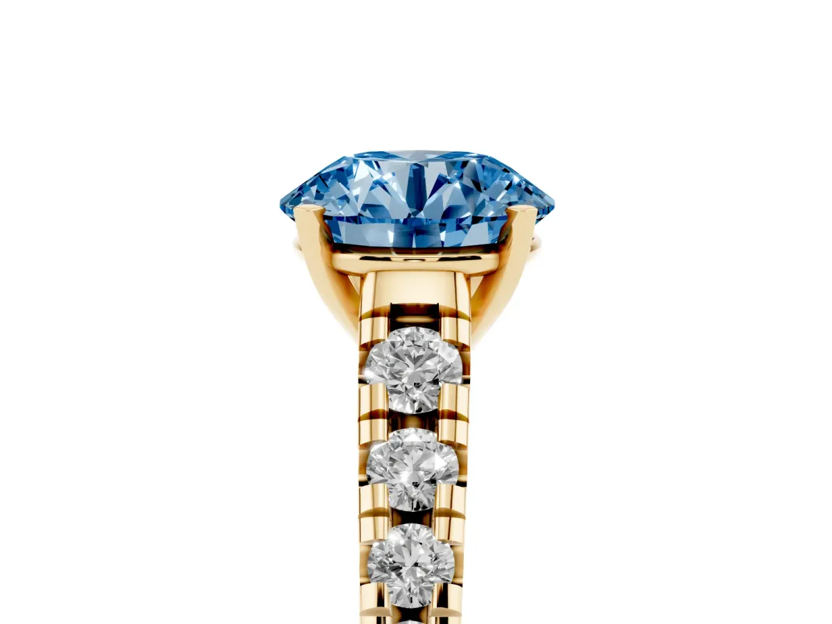 Fancy Blue Round Cut Diamond Cathedral Solitaire Ring with Round Pavé Band Yellow gold
