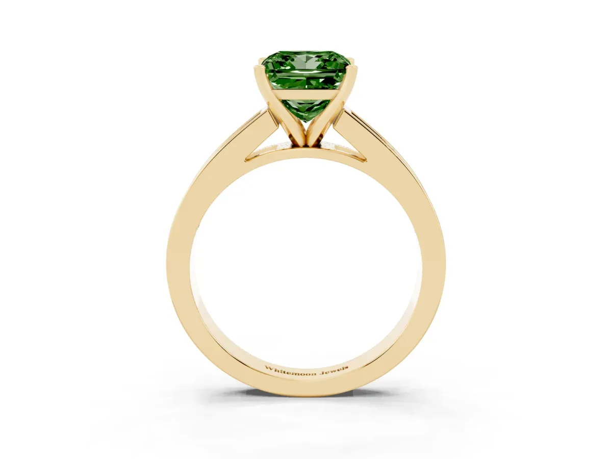 Fancy Green Princess Cut Solitaire Diamond Ring with Channel-Set Band and Four-Prong Setting Yellow gold