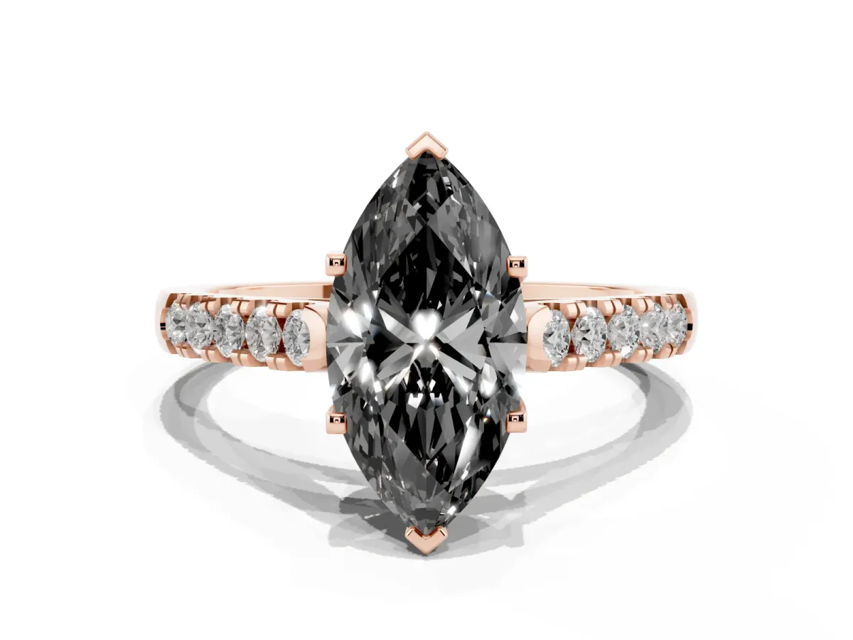 Fancy Black Marquise Cut Diamond Pavé Band Solitaire Ring with Prong Setting Rose gold