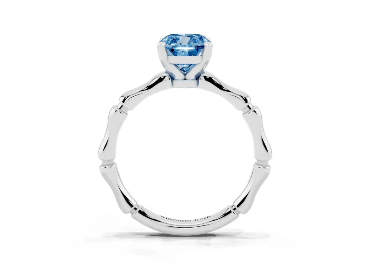 Fancy Blue Cushion Cut Solitaire Diamond Ring with Bamboo Band and Four-Prong Setting Silver