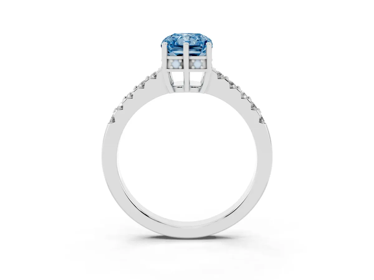 Fancy Blue Radiant Cut Solitaire Diamond Engagement Ring with Pavé Band and Six-Prong Setting Silver