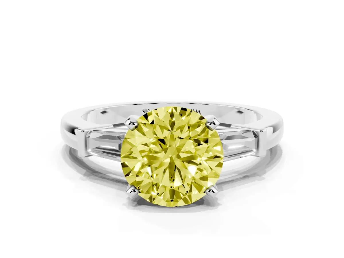 Fancy Yellow Round Cut Cut Diamond Solitaire Ring with Tapered Baguette Accents and Four-Prong Setting White gold