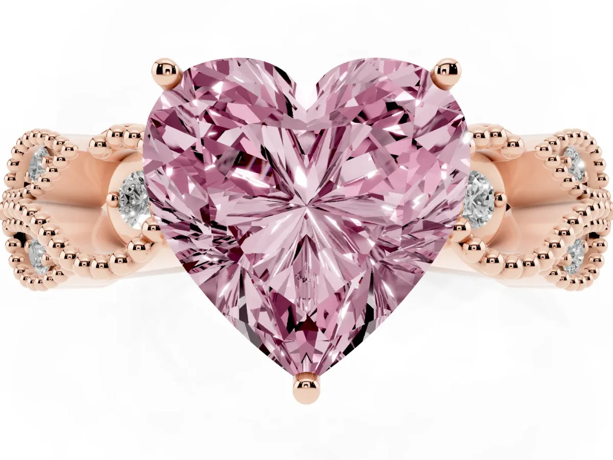 Fancy Pink Heart Cut Solitaire Milgrain Leaf Band with Prong Setting Rose gold
