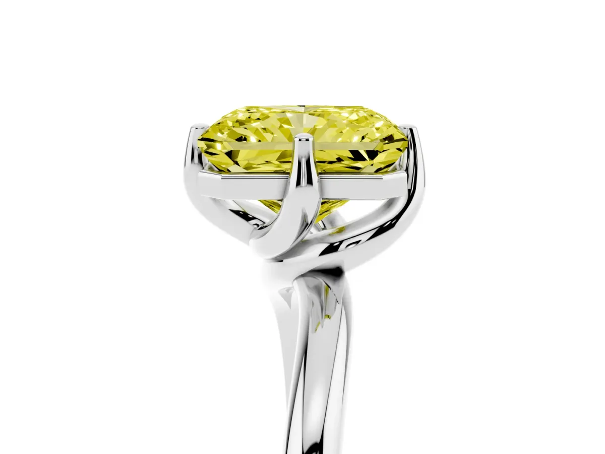 Fancy Yellow Radiant Cut Diamond Solitaire Engagement Ring with Four-Prong Setting and Classic Band Silver