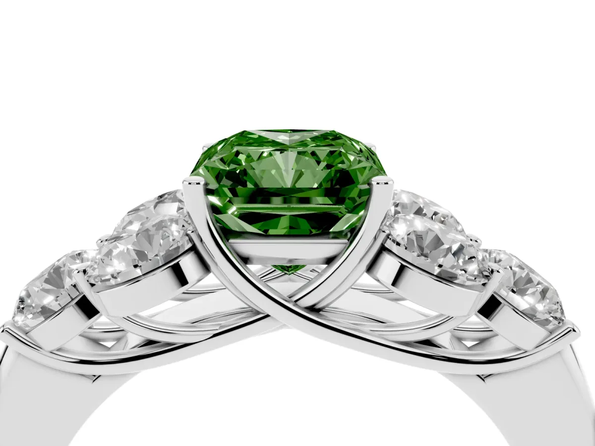 Fancy Green Radiant Cut Cut Diamond Cluster Ring with Round Accent Stones and Prong Setting on a Classic Band Silver