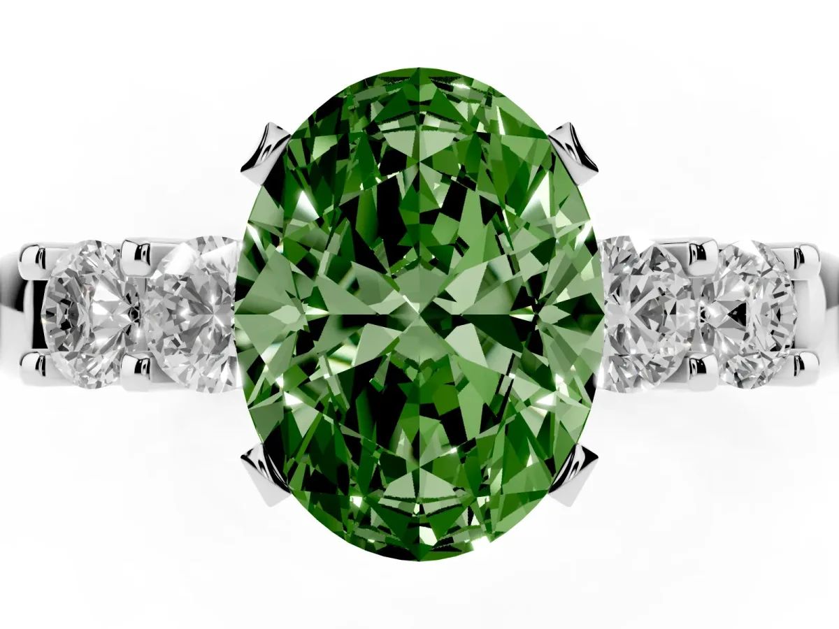 Fancy Green Oval Cut Brilliant Cut Diamond Five-Stone Prong Set Engagement Ring with Channel Band Silver