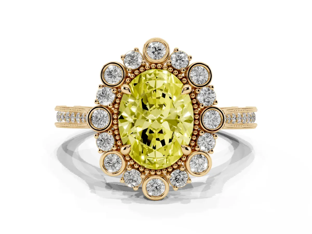 Fancy Yellow Oval Cut Halo Milgrain Pave Diamond Ring with Four-Prong Setting Yellow gold