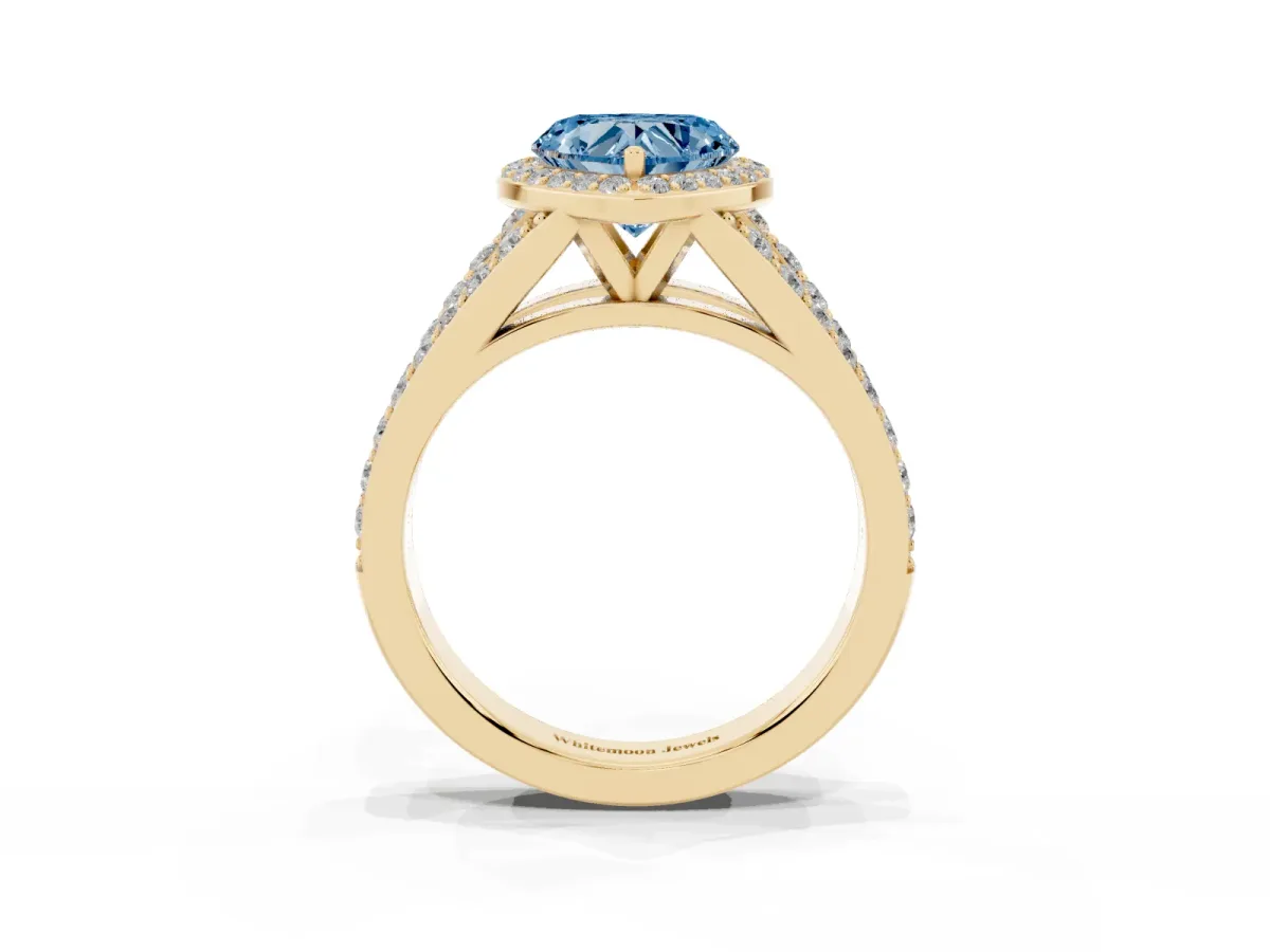 Fancy Blue Heart Cut Diamond Split Shank Halo Ring with Four-Prong Setting Yellow gold