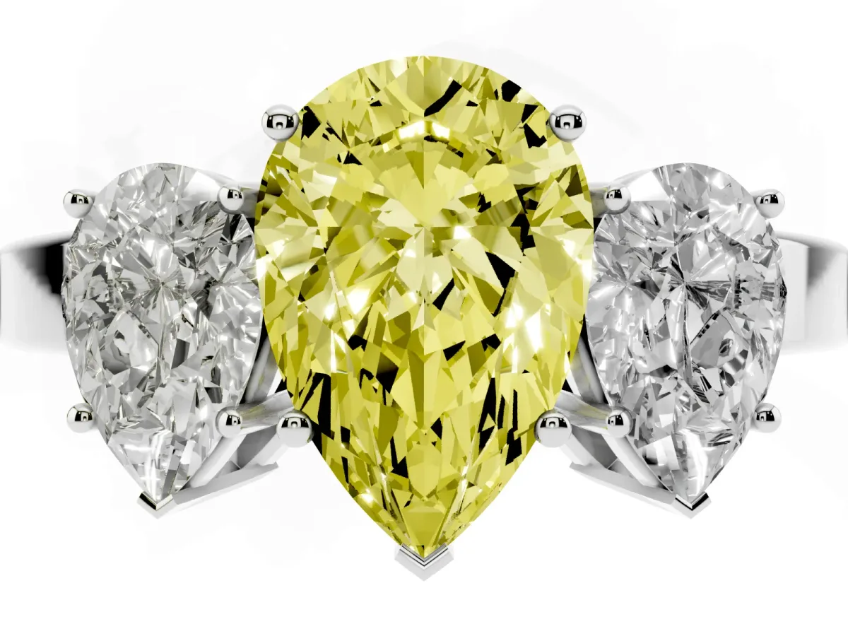 Fancy Yellow Three-Stone Pear Cut Cut Diamond Engagement Ring with Flat Band and Four-Prong Setting Silver