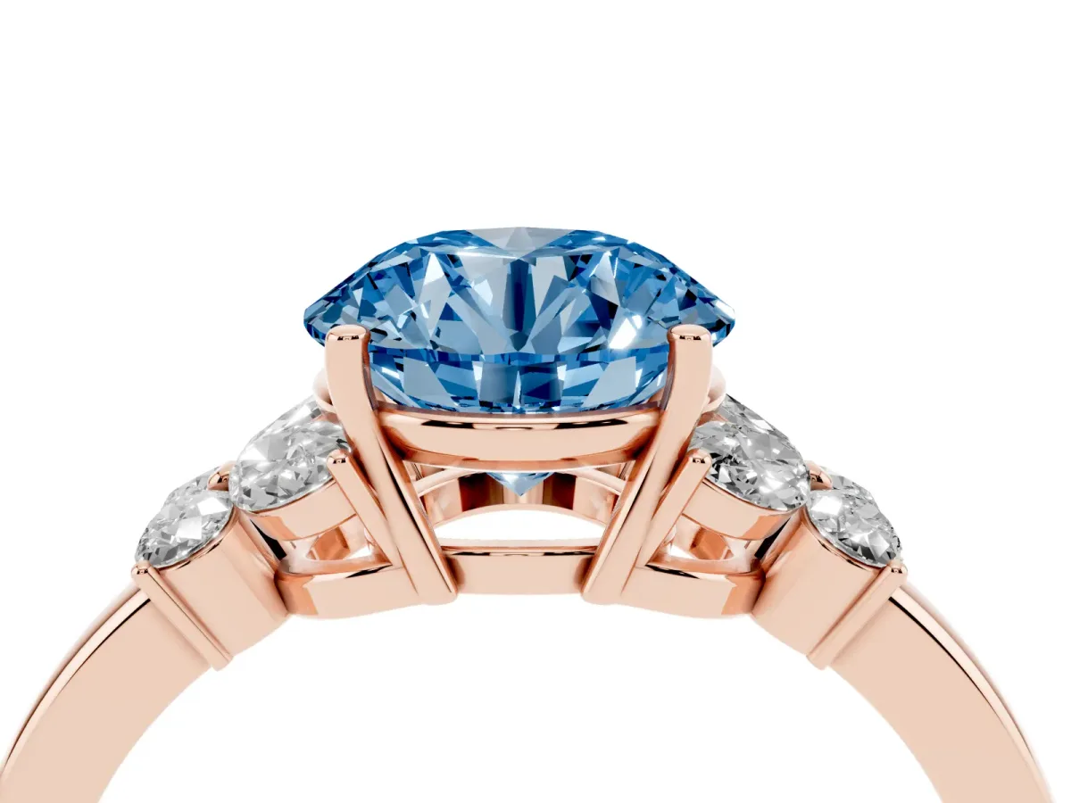 Fancy Blue Round Cut Cut Solitaire Floral Diamond Ring with Four-Prong Setting Rose gold