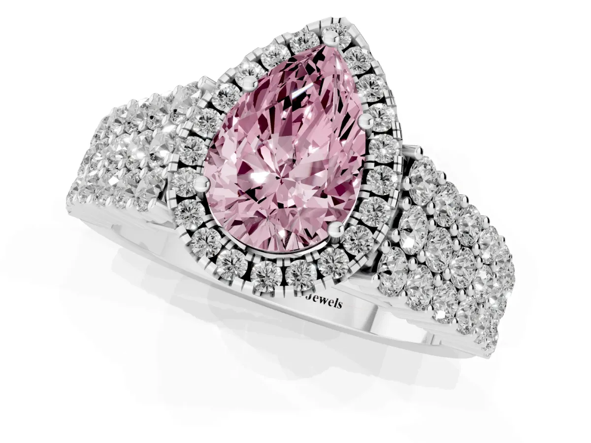 Fancy Pink Pear Cut Diamond Halo Engagement Ring with Triple Row Round Pavé Band and Prong Setting Silver
