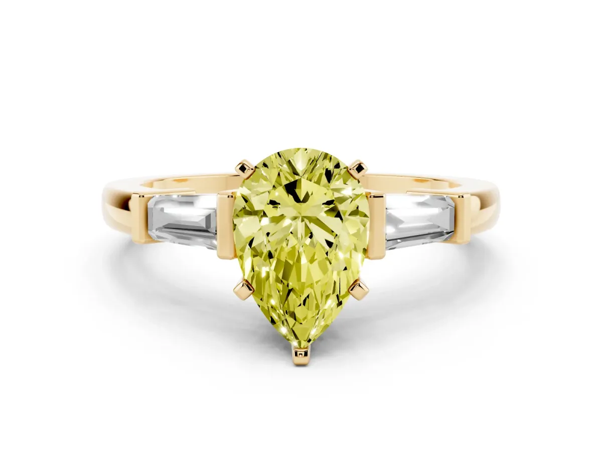 Fancy Yellow Pear Cut Cut Diamond Solitaire Ring with Tapered Baguette Accents and Four-Prong Setting Yellow gold