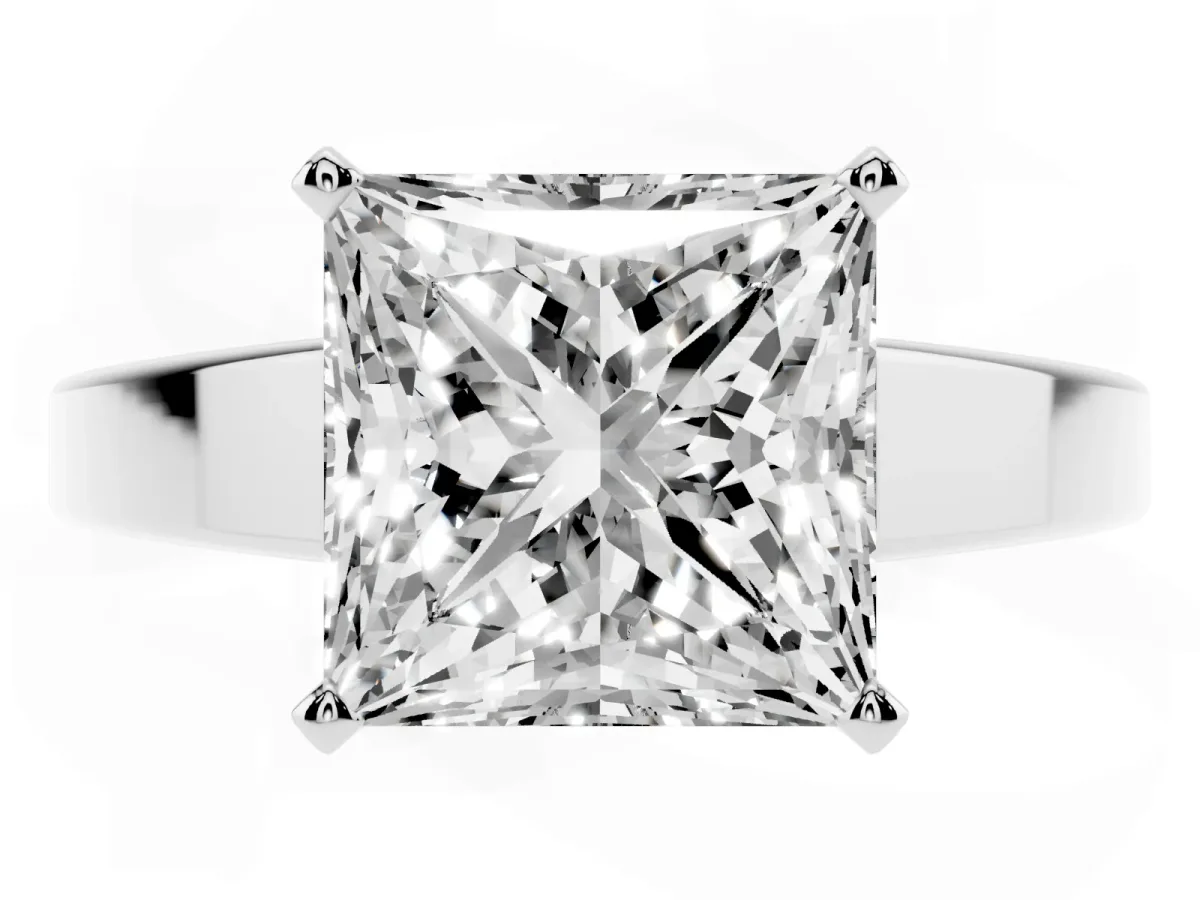 Princess Cut Solitaire Engagement Ring with Four-Prong Setting and Tapered Band Silver