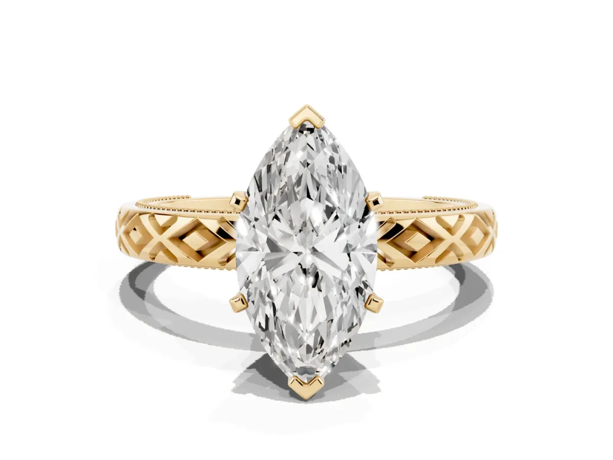 Marquise Cut Solitaire Diamond Ring with Milgrain and Black Enamel X Pattern Band Yellow gold