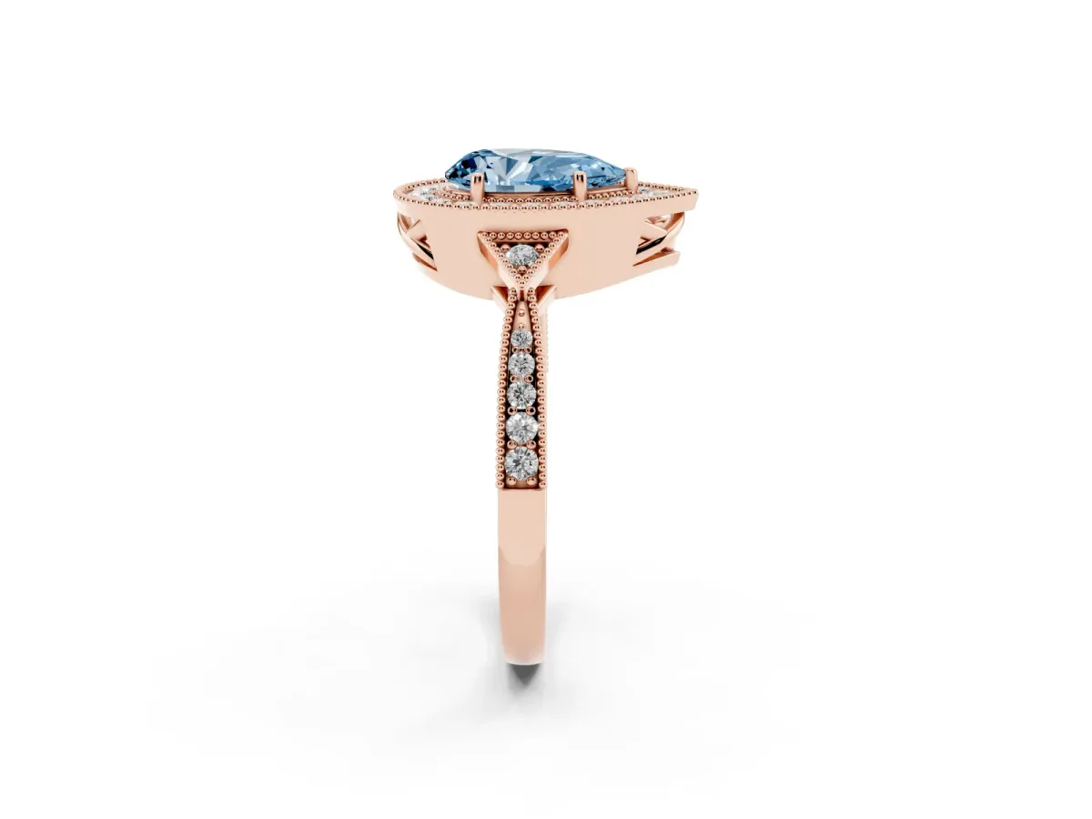 Fancy Blue Pear Cut Halo Round Diamond Milgrain Pave Engagement Ring Rose gold