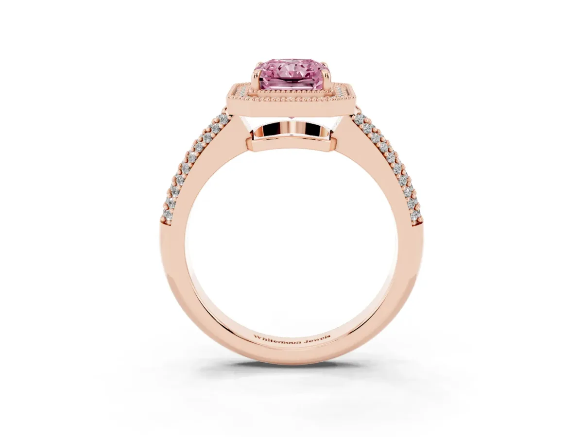 Fancy Pink Radiant Cut Cut Halo Diamond Pave Band with Four-Prong Setting Rose gold