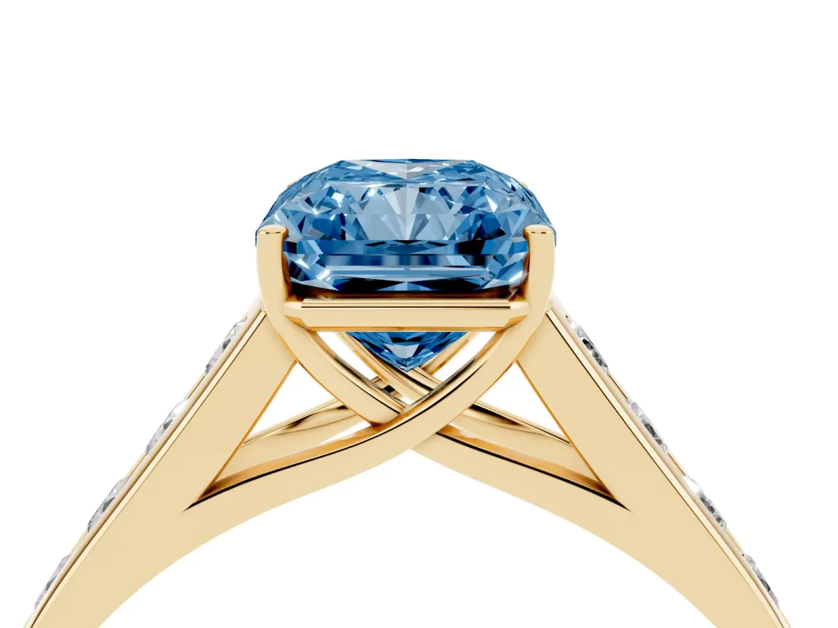 Fancy Blue Radiant Cut Brilliant Channel-Set Solitaire Ring with Four-Prong Setting Yellow gold