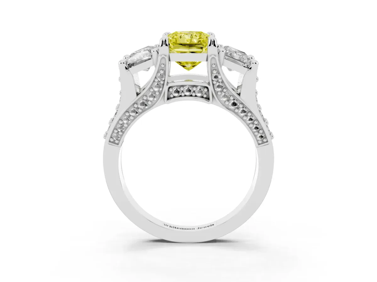 Fancy Yellow Radiant Cut Diamond Three-Stone Ring with Channel Set Band and Four-Prong Setting Silver
