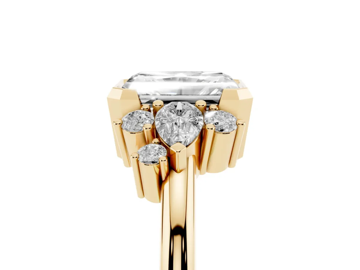 Radiant Diamond Engagement Ring with Pear and Round Side Stones Yellow gold