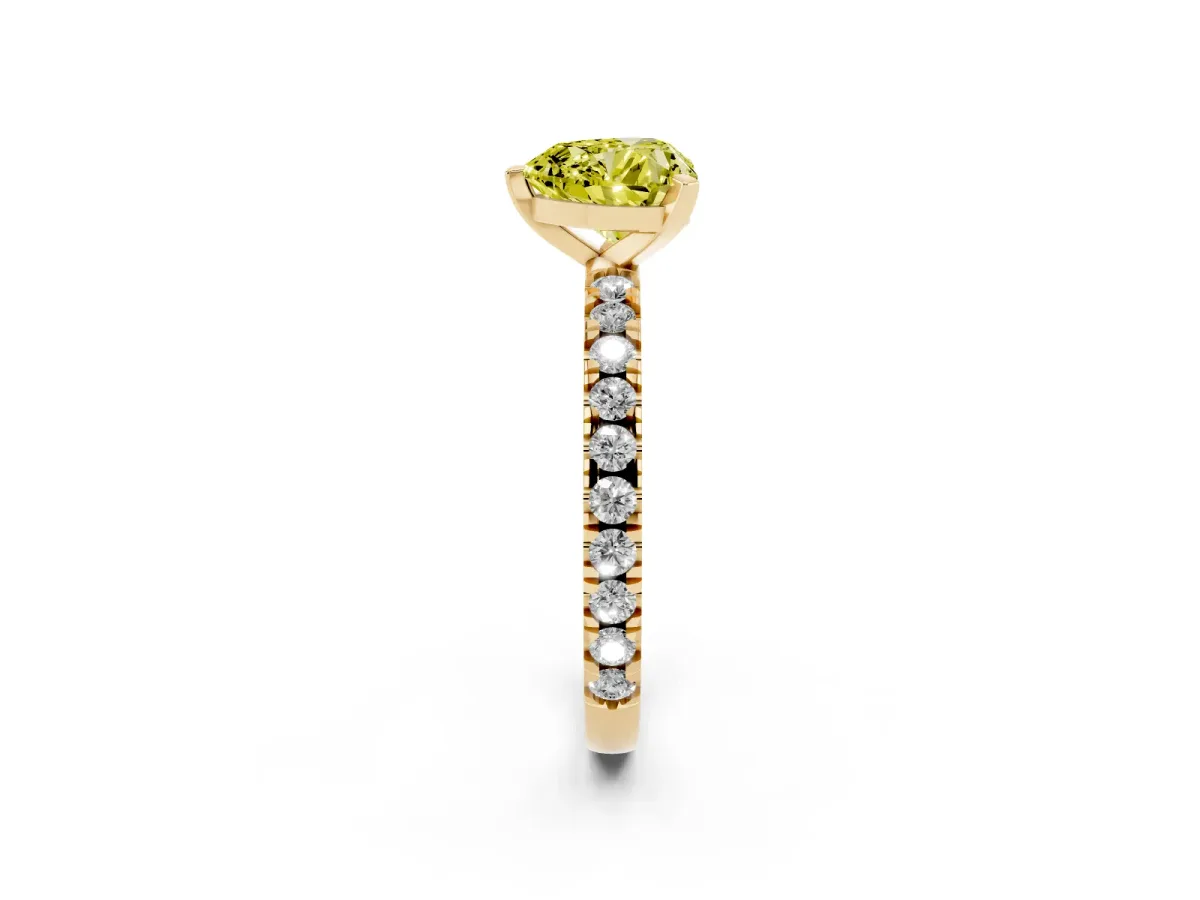 Fancy Yellow Heart Cut Diamond Pavé Band Solitaire with Four-Prong Setting Yellow gold