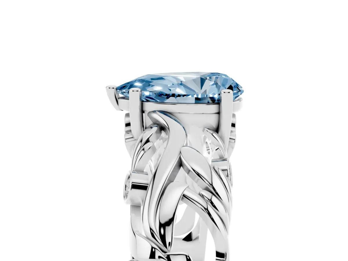 Fancy Blue Pear Cut Solitaire Diamond Leaf-Inspired Vine Band Ring with Prong Setting Silver