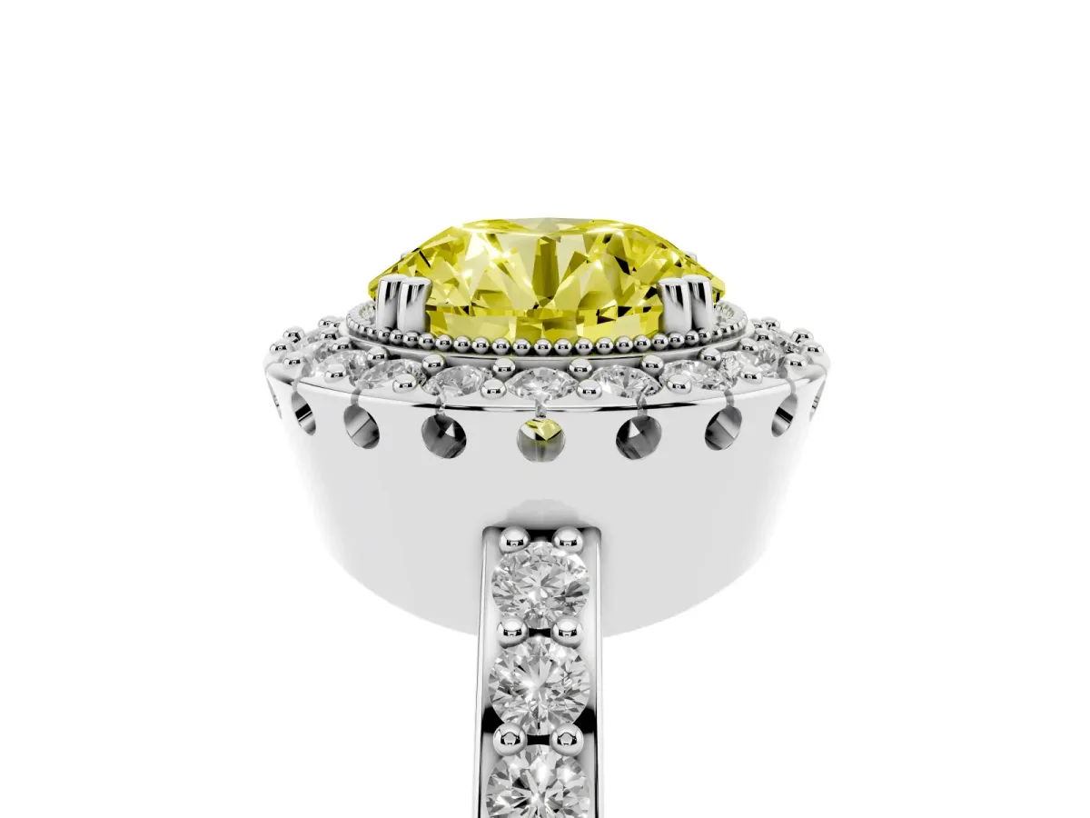 Fancy Yellow Round Cut Diamond Halo Ring with Pavé Band and Prong Setting Silver