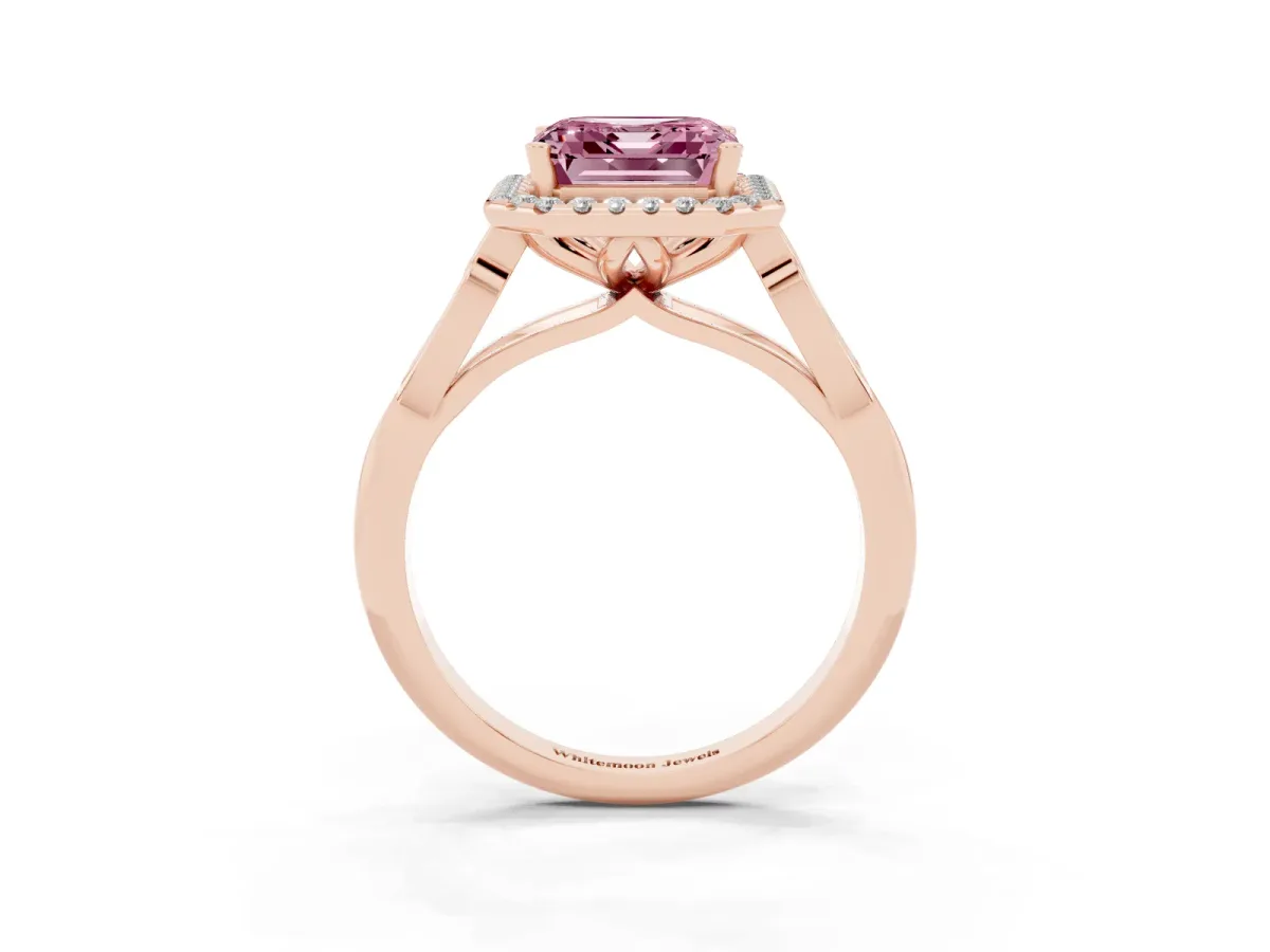 Fancy Pink Asscher Cut Halo Diamond Engagement Ring with Filigree Band and Four-Prong Setting Rose gold