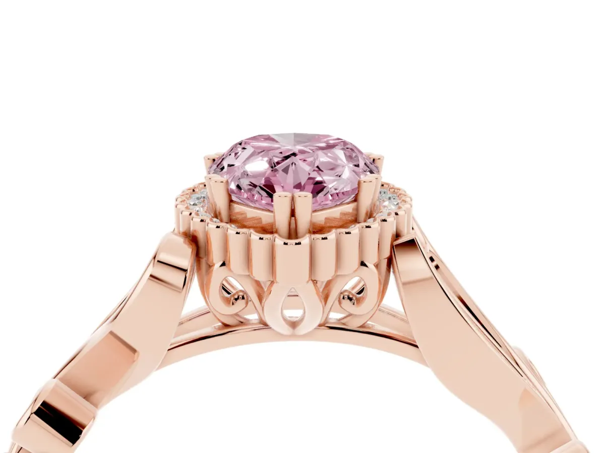 Fancy Pink Pear Cut Diamond Halo Ring with Vintage Split Shank and Four-Prong Setting Rose gold