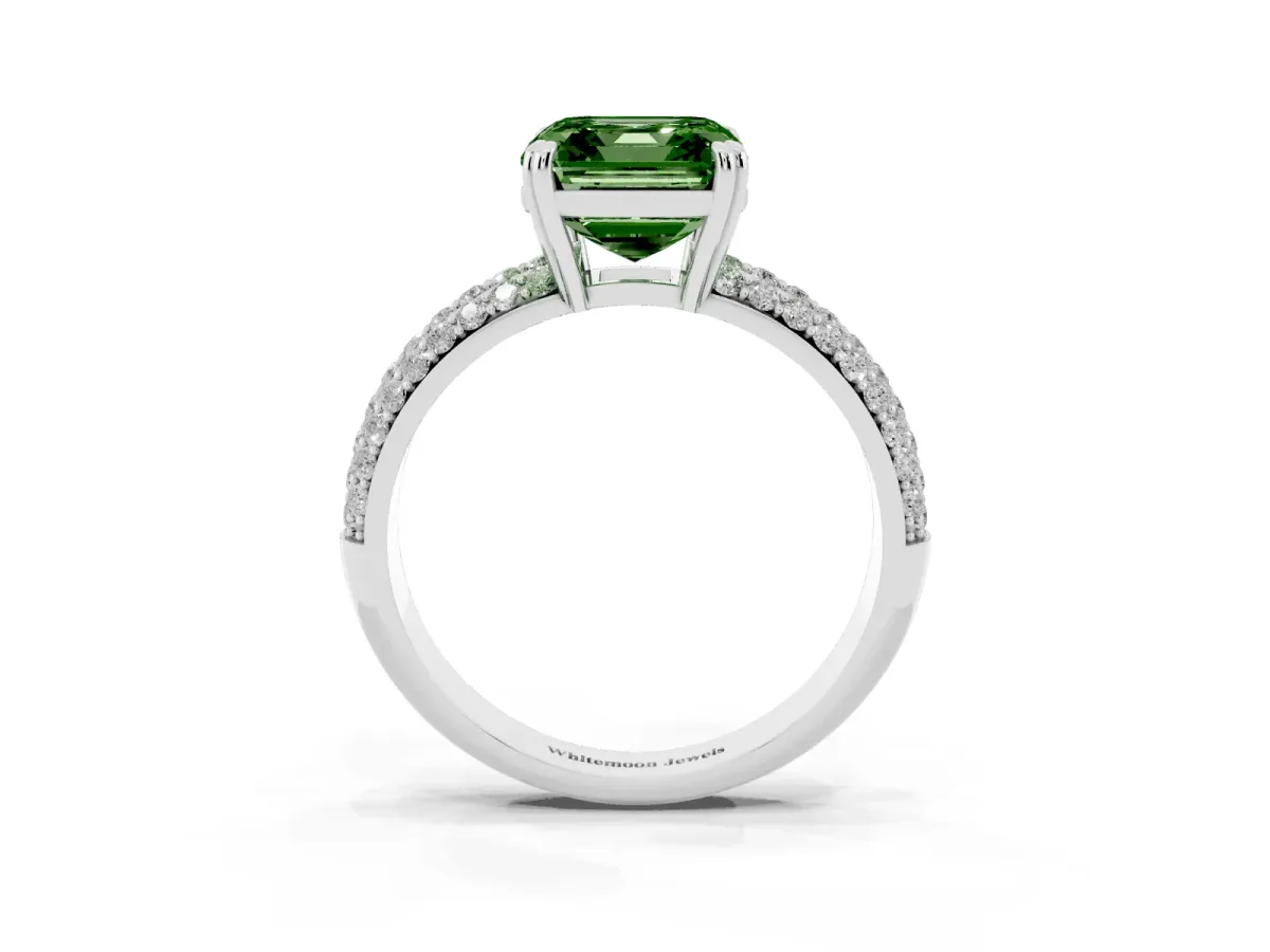 Fancy Green Asscher Cut Diamond Solitaire Ring with Multi-Row Round Pavé Band and Prong Setting Silver