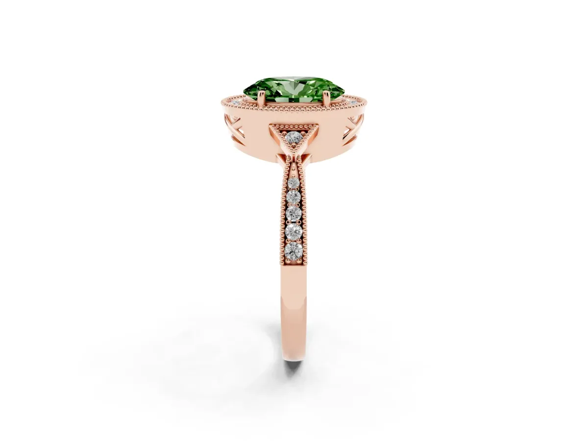 Fancy Green Oval Cut Halo Round Diamond Milgrain Pave Engagement Ring Rose gold