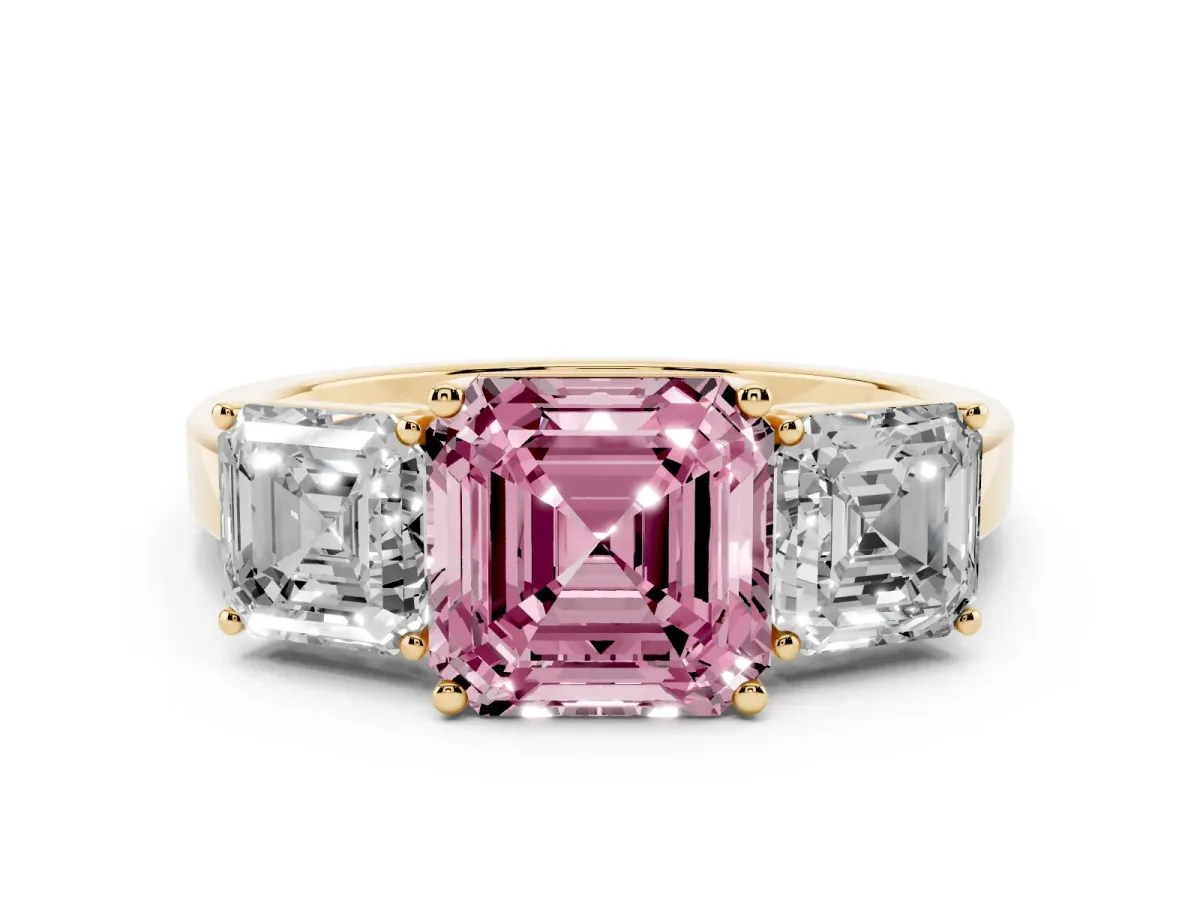Fancy Pink Three-Stone Asscher Cut Cut Diamond Engagement Ring with Flat Band and Four-Prong Setting Yellow gold