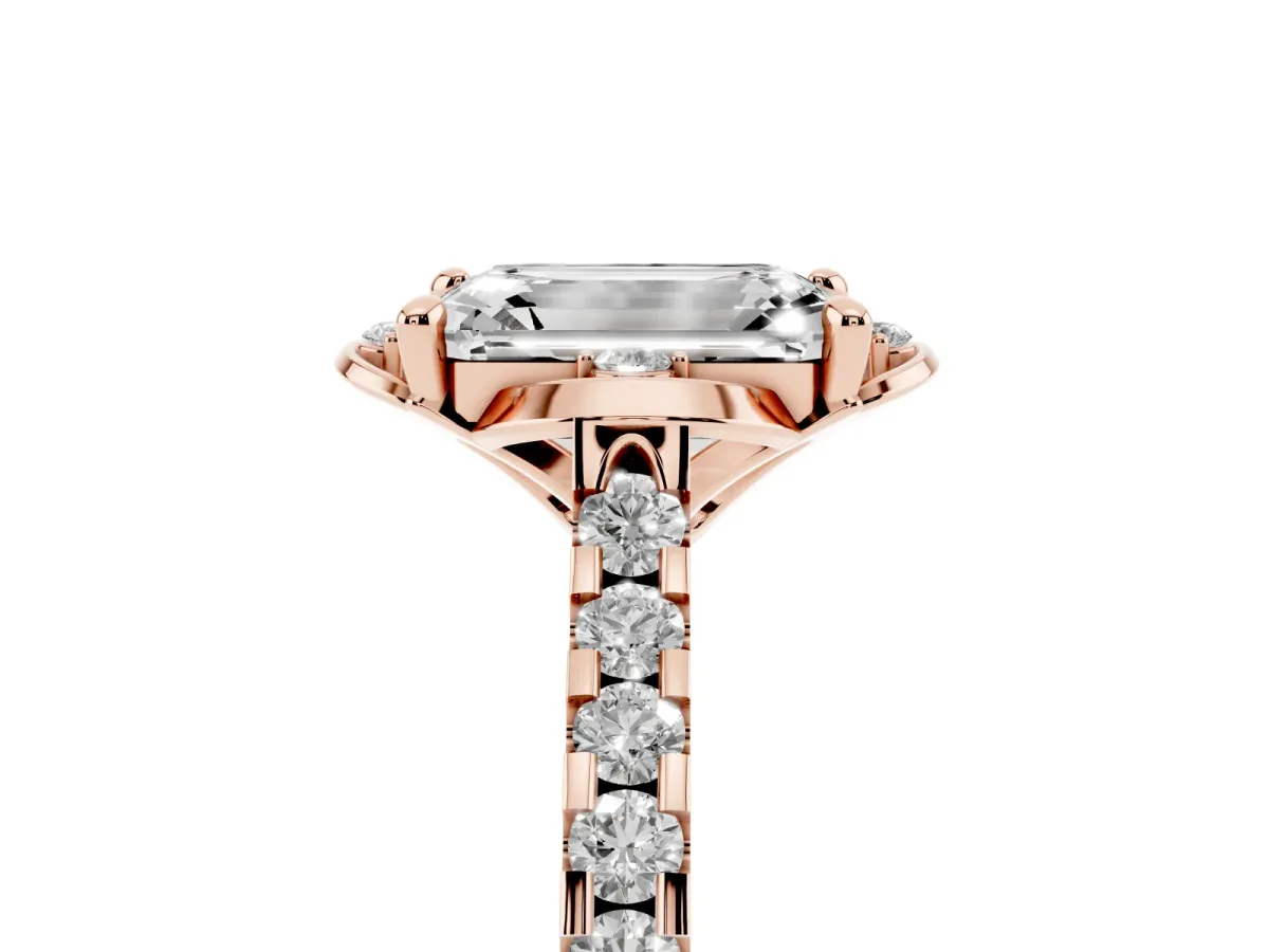 Emerald Cut Diamond Ring with Pavé Band and Floral Prong Setting Rose gold