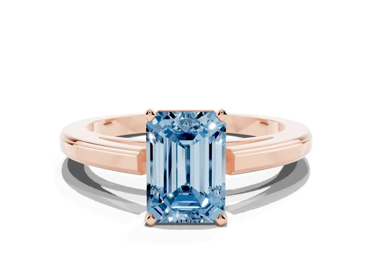 Fancy Blue Emerald Cut Solitaire Diamond Ring with Four-Prong Setting and Classic Band Rose gold